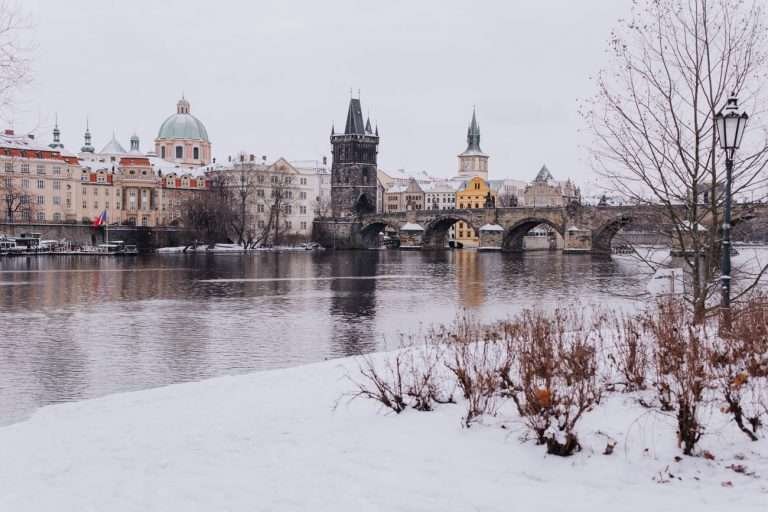 Prague rooftops under snow