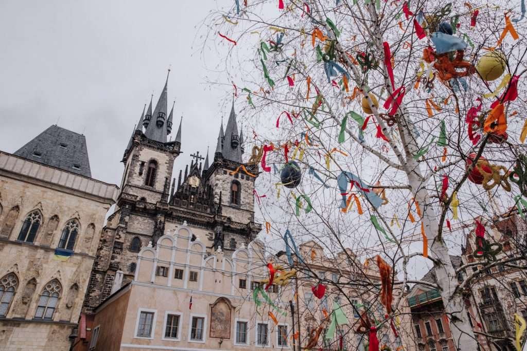 Crowds at a Prague market square in spring