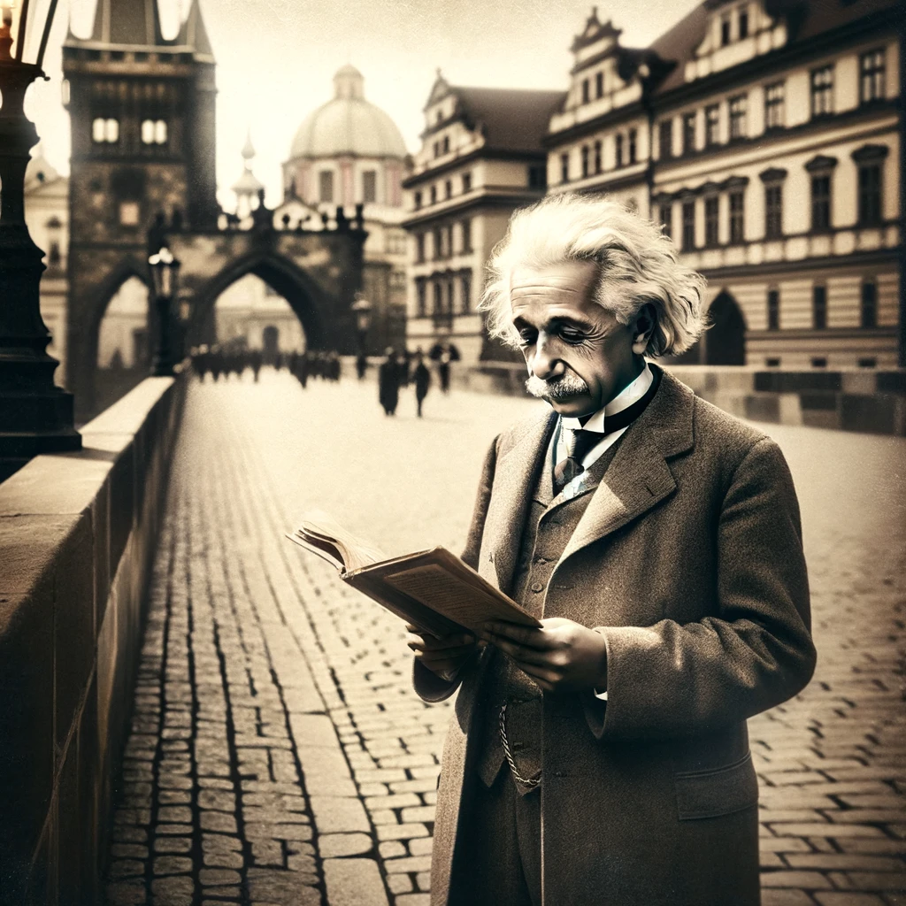 The image is a digital painting of Albert Einstein as a young man during his early 20th-century stay in Prague. He stands on a cobblestone street, with the Charles Bridge and Prague Castle in the background. Dressed in period-appropriate clothing, Einstein appears thoughtful, gazing into the distance. The scene is bathed in a soft light, accentuating the historic architecture of Prague and Einstein's intellectual aura generated for www.praguehints.com by Kemal Onur Ozman
