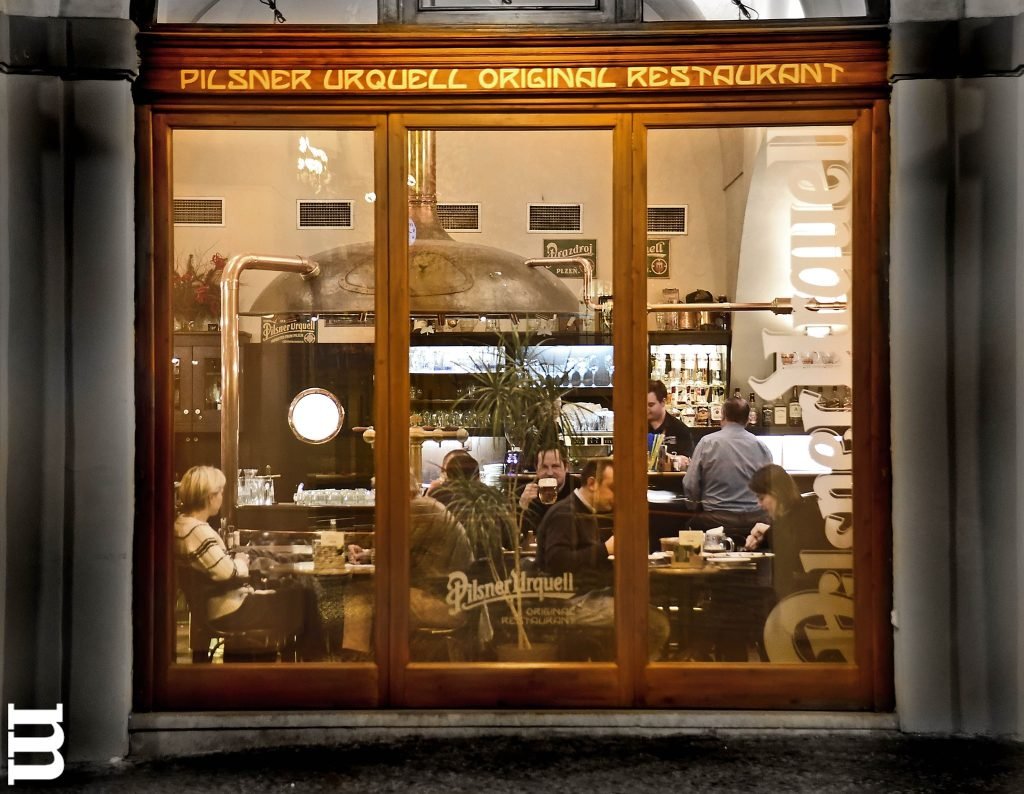 Traditional Czech pub interior in winter